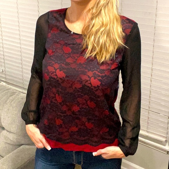 The Limited Tops - NWT THE LIMITED Maroon and Black Sheer Lace Top SMALL